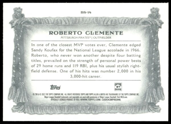 2022 Topps Allen & Ginter Roberto Clemente Banner Seasons #BS-14 (Back)