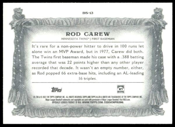 2022 Topps Allen & Ginter Rod Carew Banner Seasons #BS-13 (Back)