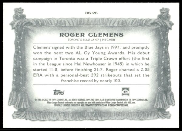 2022 Topps Allen & Ginter Roger Clemens Banner Seasons #BS-25 (Back)