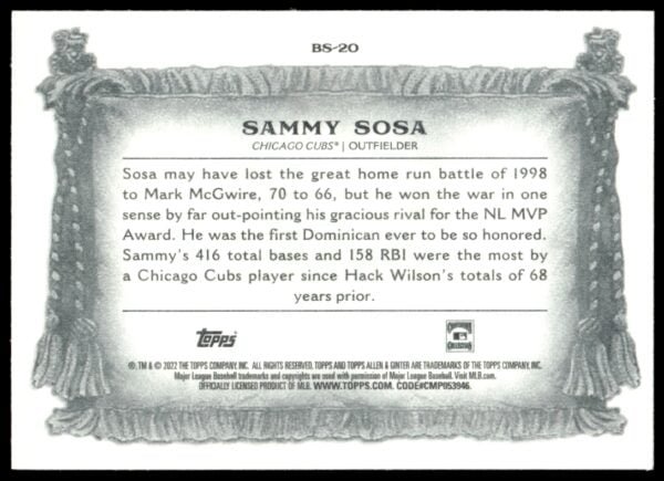 2022 Topps Allen & Ginter Sammy Sosa Banner Seasons #BS-20 (Back)