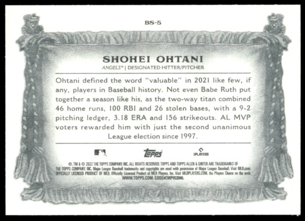 2022 Topps Allen & Ginter Shohei Ohtani Banner Seasons #BS-5 (Back)