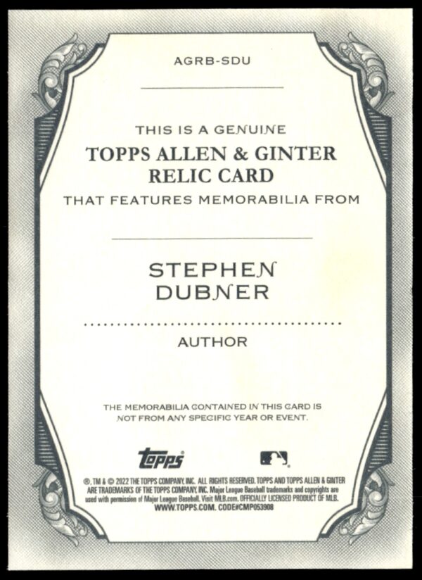 2022 Topps Allen & Ginter Stephen Dubner Full-Size Relics B Design #AGRB-SDU (Back)