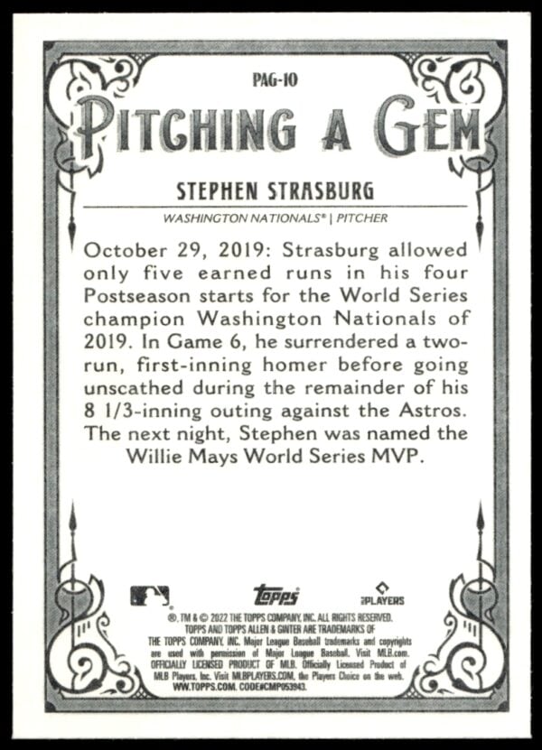 2022 Topps Allen & Ginter Stephen Strasburg Pitching a Gem #PAG-10 (Back)