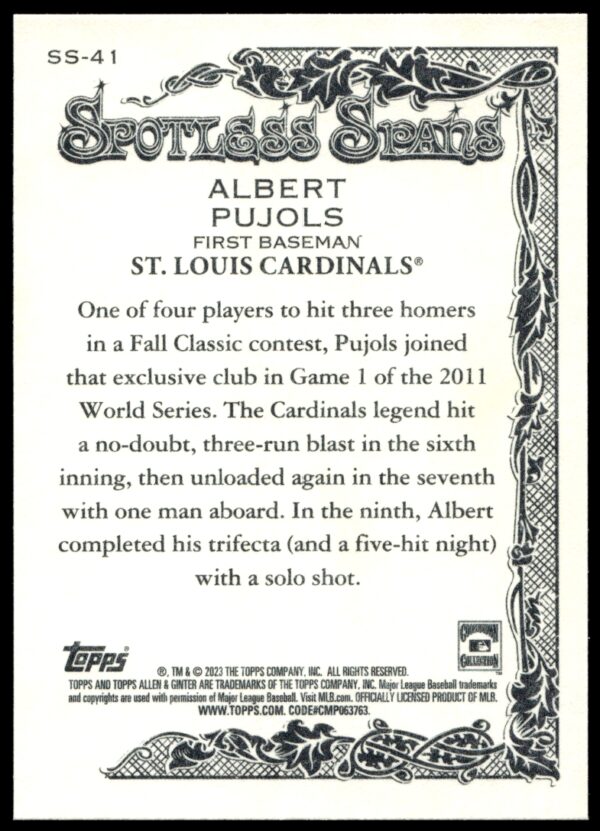 2023 Topps Allen & Ginter Albert Pujols Spotless Spans #SS-41 (Back)