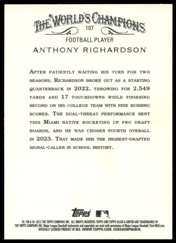 2023 Topps Allen & Ginter Anthony Richardson #107 (Back)