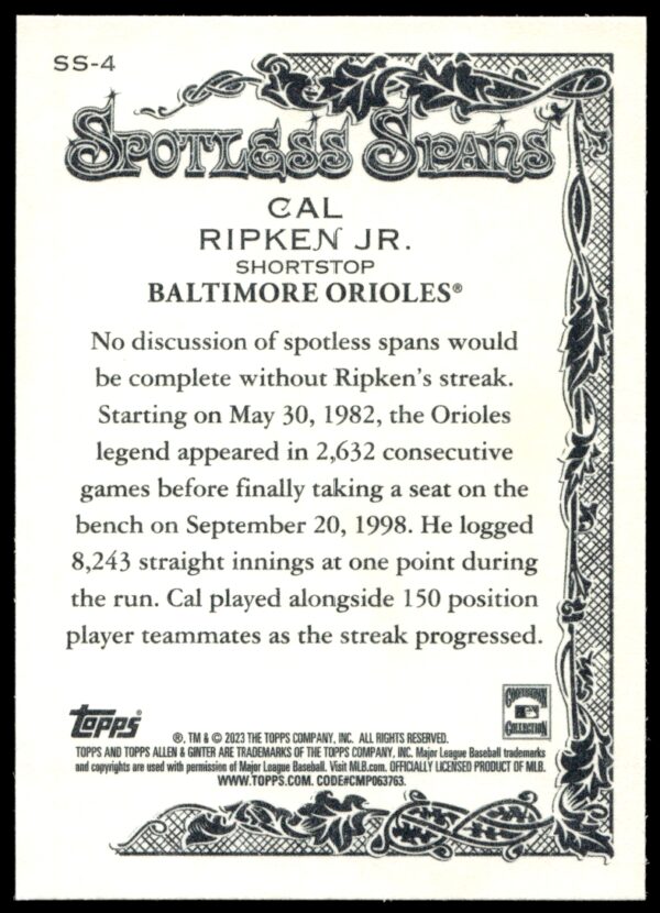 2023 Topps Allen & Ginter Cal Ripken Jr. Spotless Spans #SS-4 (Back)