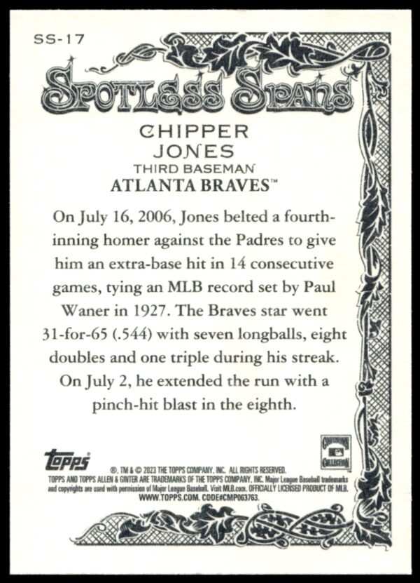 2023 Topps Allen & Ginter Chipper Jones Spotless Spans #SS-17 (Back)