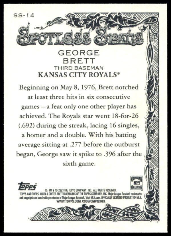 2023 Topps Allen & Ginter George Brett Spotless Spans #SS-14 (Back)