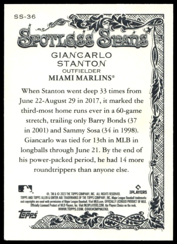 2023 Topps Allen & Ginter Giancarlo Stanton Spotless Spans #SS-36 (Back)