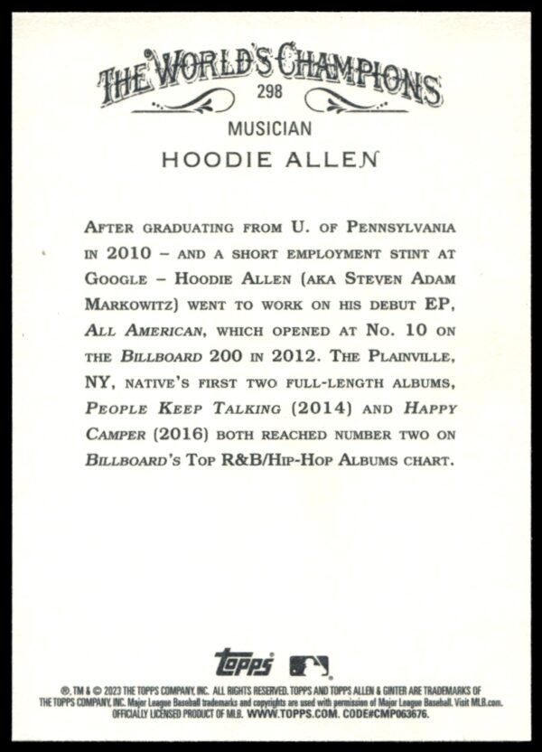 2023 Topps Allen & Ginter Hoodie Allen #298 (Back)