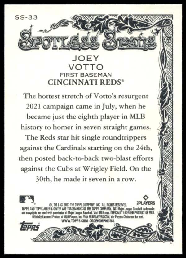 2023 Topps Allen & Ginter Joey Votto Spotless Spans #SS-33 (Back)