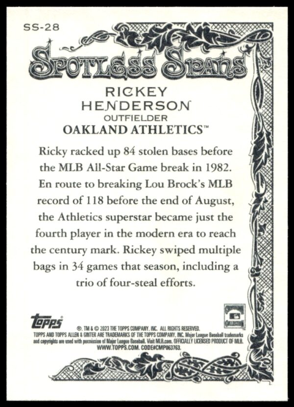 2023 Topps Allen & Ginter Rickey Henderson Spotless Spans #SS-28 (Back)