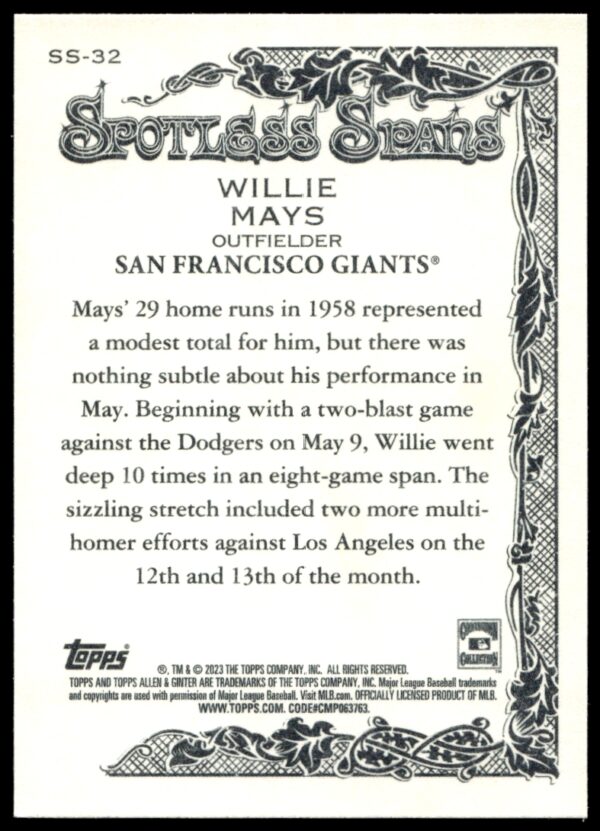 2023 Topps Allen & Ginter Willie Mays Spotless Spans #SS-32 (Back)