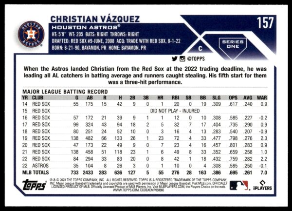 2023 Topps Series 1 Christian Vazquez #157 (Back)