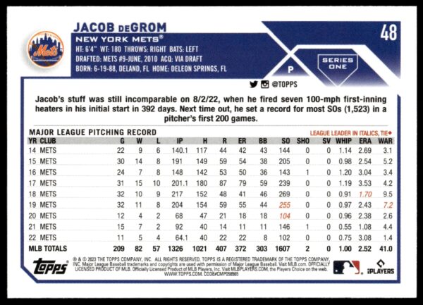 2023 Topps Series 1 Jacob deGrom #48 (Back)