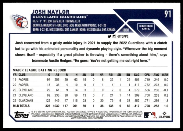 2023 Topps Series 1 Josh Naylor #91 (Back)