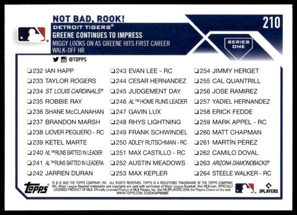 Rook!: Riley Greene / Miguel Cabrera Checklist #210 (Front)