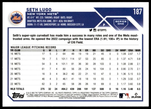 2023 Topps Series 1 Seth Lugo #187 (Back)