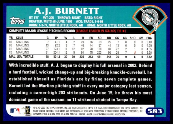 2003 Topps A.J. Burnett #583 (Back)