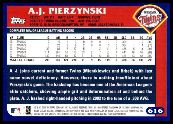 2003 Topps A.J. Pierzynski #616 (Back)