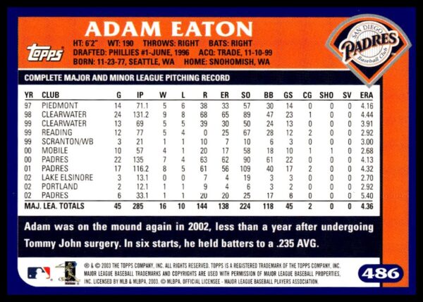 2003 Topps Adam Eaton #486 (Back)