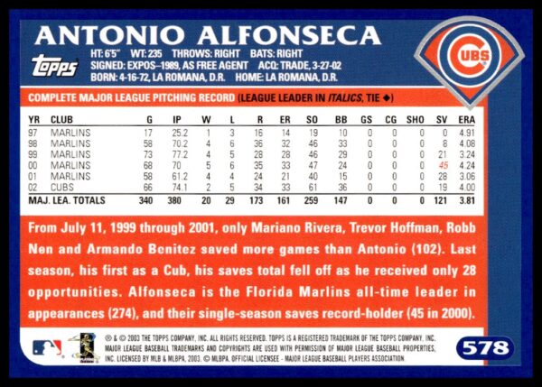 2003 Topps Antonio Alfonseca #578 (Back)