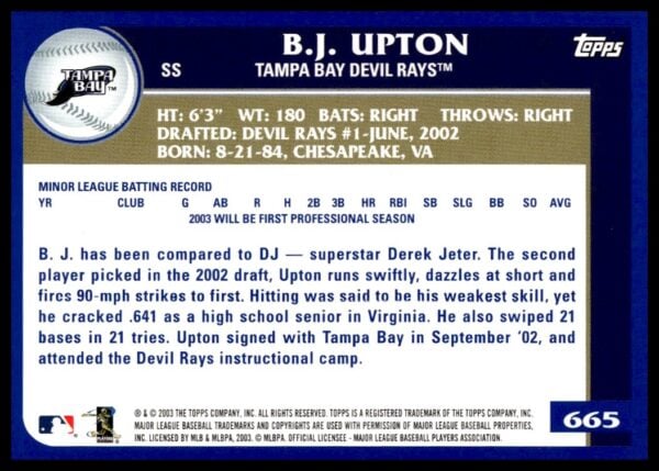 2003 Topps B.J. Upton #665 (Back)