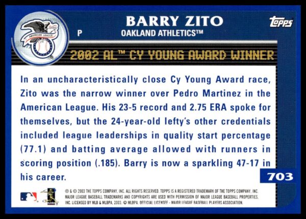 2003 Topps Barry Zito #703 (Back)