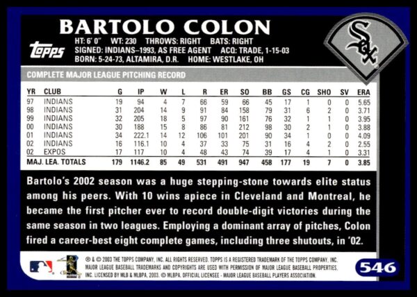 2003 Topps Bartolo Colon #546 (Back)