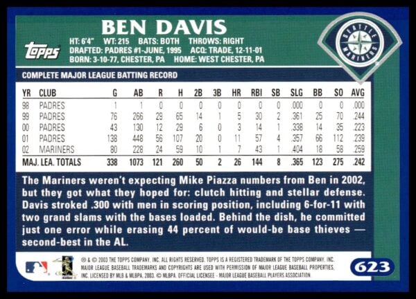 2003 Topps Ben Davis #623 (Back)