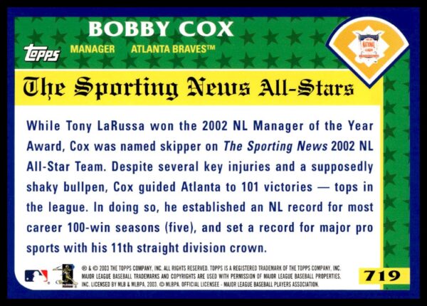 2003 Topps Bobby Cox #719 (Back)