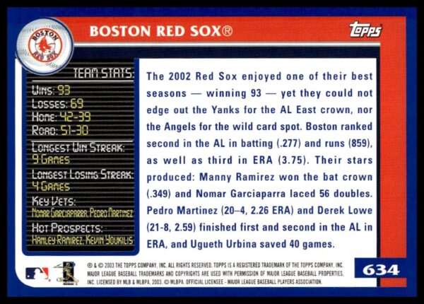 2003 Topps Boston Red Sox #634 (Back)