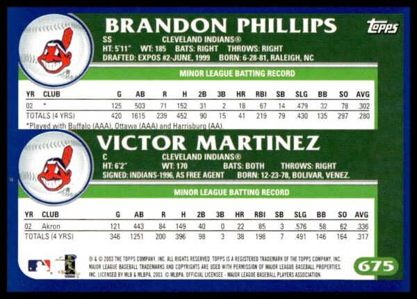 2003 Topps Brandon Phillips / Victor Martinez #675 (Back)