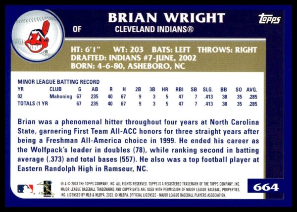 2003 Topps Brian Wright #664 (Back)