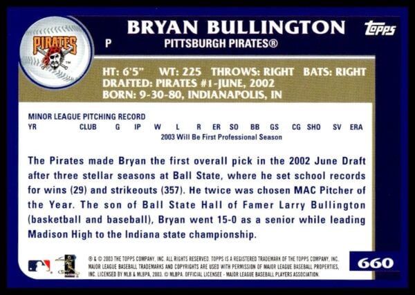 2003 Topps Bryan Bullington #660 (Back)