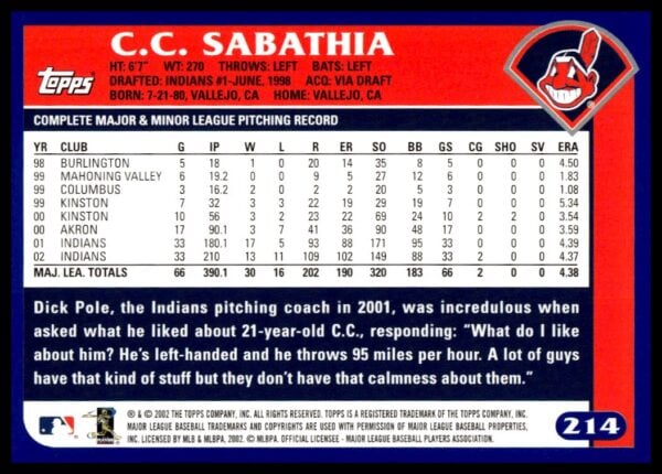 2003 Topps C.C. Sabathia #214 (Back)