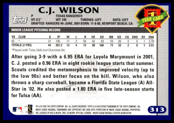 2003 Topps C.J. Wilson #313 (Back)