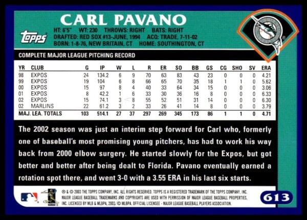 2003 Topps Carl Pavano #613 (Back)