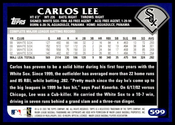 2003 Topps Carlos Lee #599 (Back)