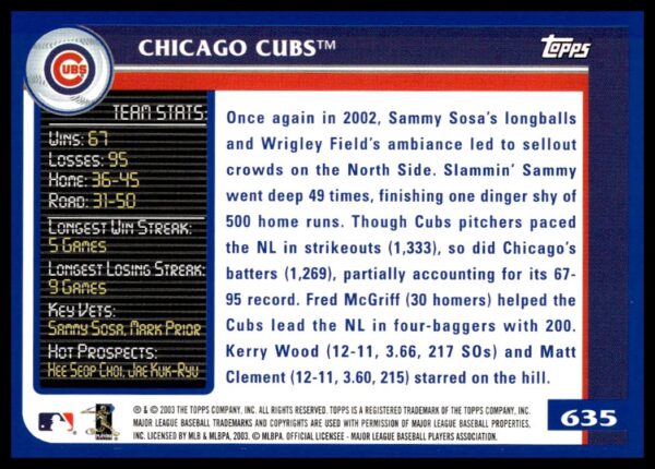 2003 Topps Chicago Cubs #635 (Back)