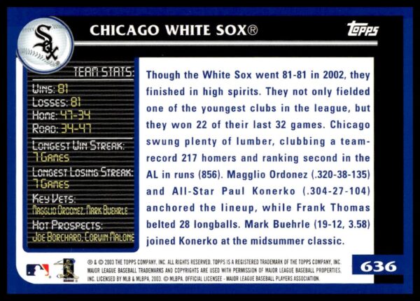 2003 Topps Chicago White Sox #636 (Back)