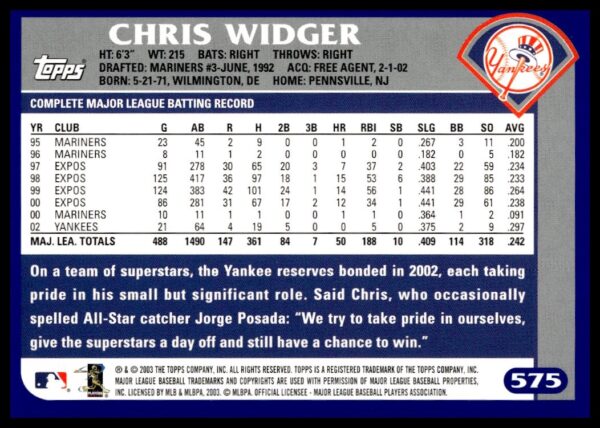 2003 Topps Chris Widger #575 (Back)