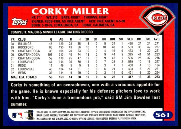 2003 Topps Corky Miller #561 (Back)