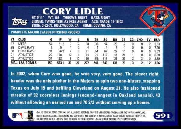 2003 Topps Cory Lidle #591 (Back)