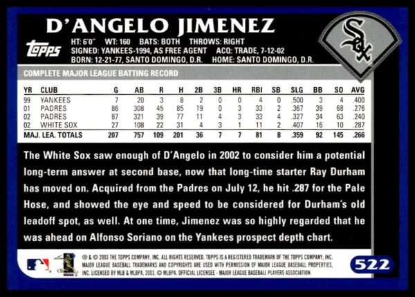 2003 Topps D'Angelo Jimenez #522 (Back)