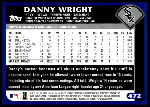 2003 Topps Danny Wright #472 (Back)