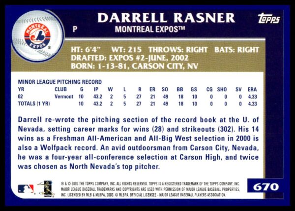 2003 Topps Darrell Rasner #670 (Back)