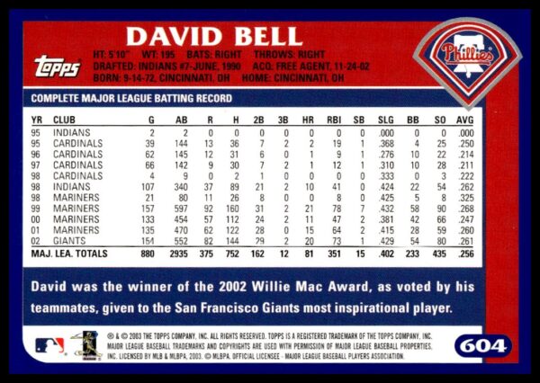 2003 Topps David Bell #604 (Back)