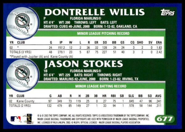 2003 Topps Dontrelle Willis / Jason Stokes #677 (Back)