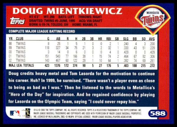 2003 Topps Doug Mientkiewicz #588 (Back)